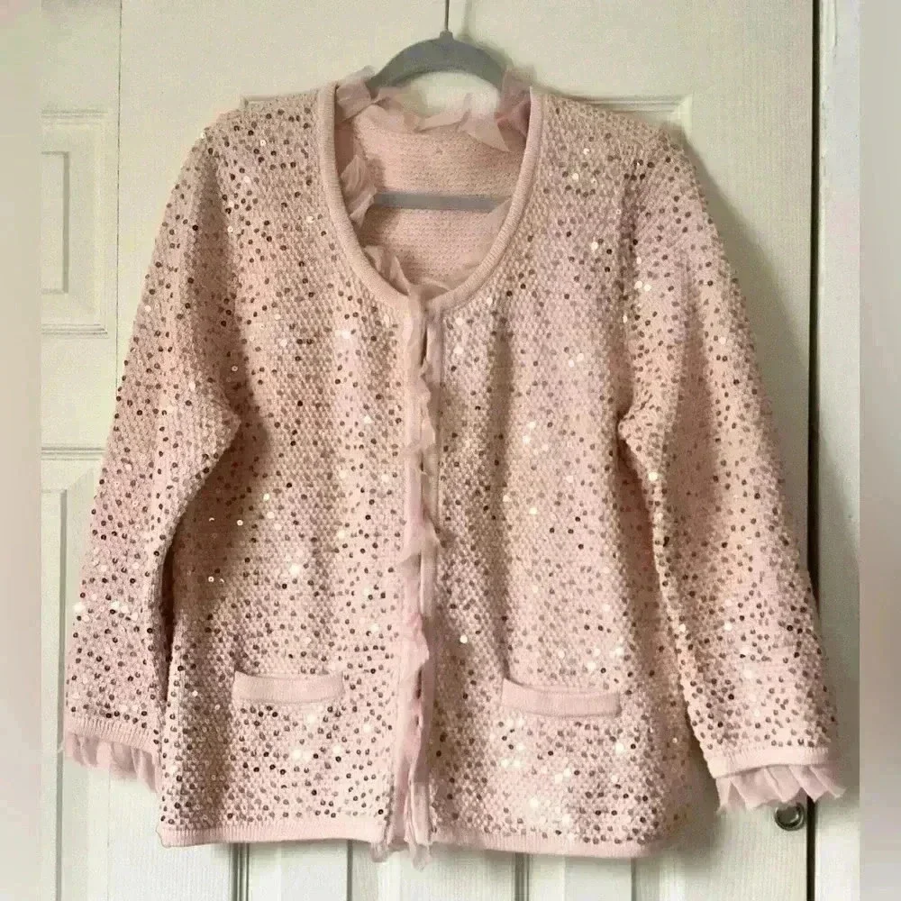 Pink shiny beads  embellished ruffle edged neck Catdigan Size M/L